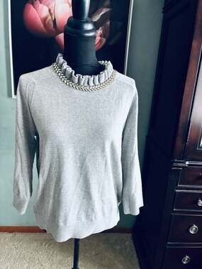 Talbots Gray Gem-Embellished Ruffle Mock Neck Sweater with Back Tie